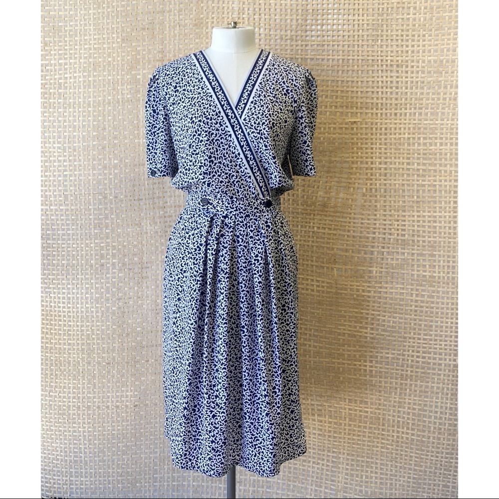 Vintage Petites For Maggy Navy Blue Printed Dress